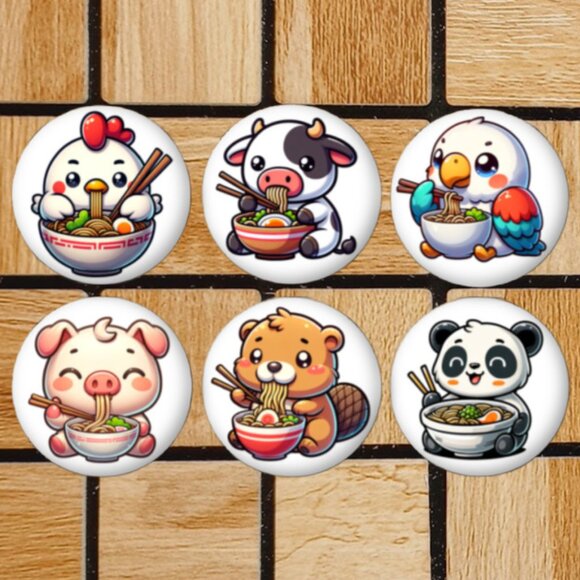Animals Eating Ramen Fridge Magnets Set Of 6 Metal Magnets Home Kitchen School - Picture 1 of 6